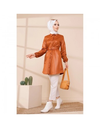 Tunique brillante avec ceinture (Vêtement moderne pour femme voilée) - Couleur brique 