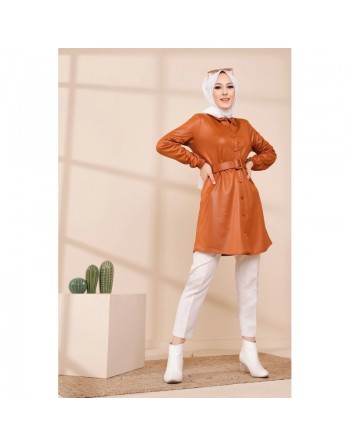 Tunique brillante avec ceinture (Vêtement moderne pour femme voilée) - Couleur brique 