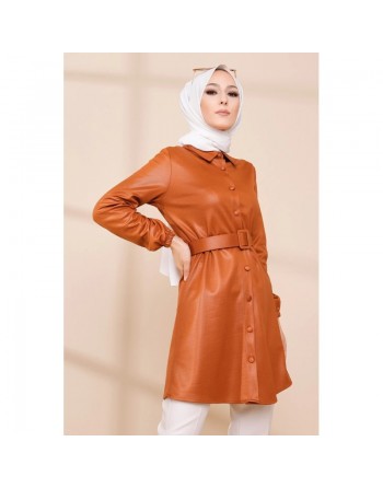Tunique brillante avec ceinture (Vêtement moderne pour femme voilée) - Couleur brique 