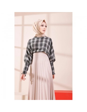 Chemisier à carreaux (Tenue Hijab Chic) - Couleur noir blanc et kaki 