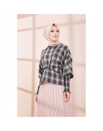 Chemisier à carreaux (Tenue Hijab Chic) - Couleur noir blanc et kaki 