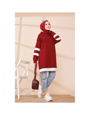 Tunique décontractée avec capuche (Sweat long pour femme voilée) - Couleur rouge bordeaux avec bandes blanches 