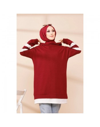 Tunique décontractée avec capuche (Sweat long pour femme voilée) - Couleur rouge bordeaux avec bandes blanches 