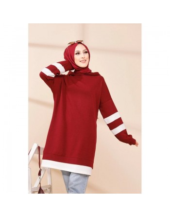 Tunique décontractée avec capuche (Sweat long pour femme voilée) - Couleur rouge bordeaux avec bandes blanches 