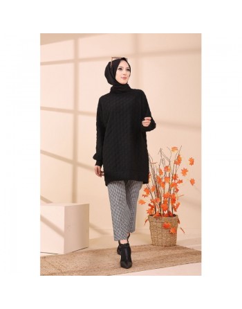 Tunique-pull pour femme (Vêtement Hijab chaud - Saisons Automne Hiver) - Couleur noir 