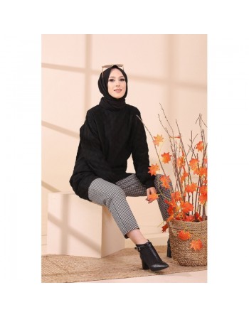 Tunique-pull pour femme (Vêtement Hijab chaud - Saisons Automne Hiver) - Couleur noir 