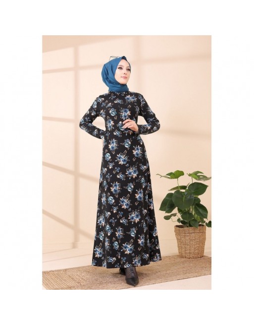 Robe longue à fleurs (Robes pour hijab) - Couleur noir et bleu Robe longue à fleurs (Robes pour hijab) - Couleur noir et bleu