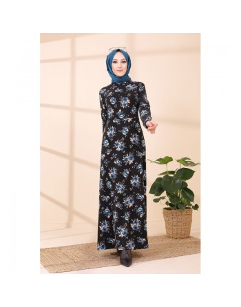 Robe longue à fleurs (Robes pour hijab) - Couleur noir et bleu 