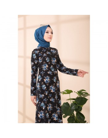 Robe longue à fleurs (Robes pour hijab) - Couleur noir et bleu 