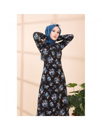 Robe longue à fleurs (Robes pour hijab) - Couleur noir et bleu 
