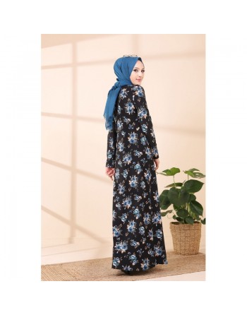 Robe longue à fleurs (Robes pour hijab) - Couleur noir et bleu 