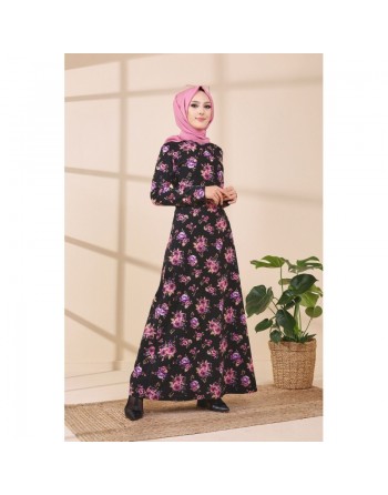 Robe longue à fleurs pour femme - Couleur noir et rose 