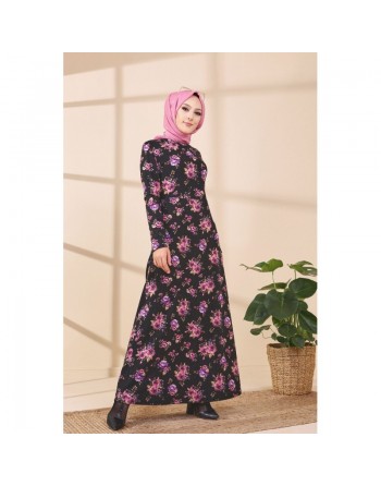 Robe longue à fleurs pour femme - Couleur noir et rose 