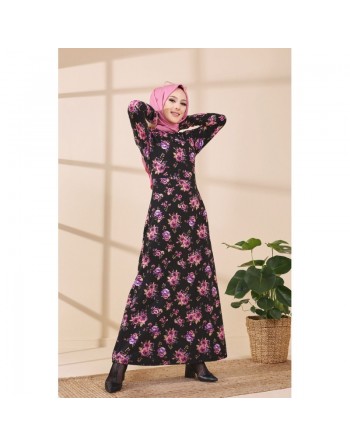 Robe longue à fleurs pour femme - Couleur noir et rose 