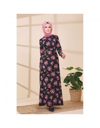 Robe longue à fleurs pour femme - Couleur noir et rose 