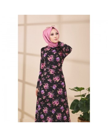 Robe longue à fleurs pour femme - Couleur noir et rose 