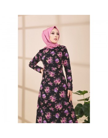 Robe longue à fleurs pour femme - Couleur noir et rose 