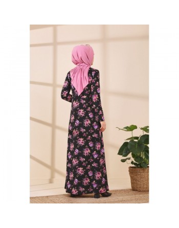 Robe longue à fleurs pour femme - Couleur noir et rose 