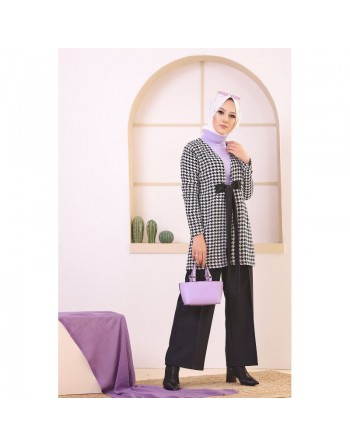 Veste avec ceinture (Vetement Hijab - Boutique en ligne France) - Couleur noir et blanc 