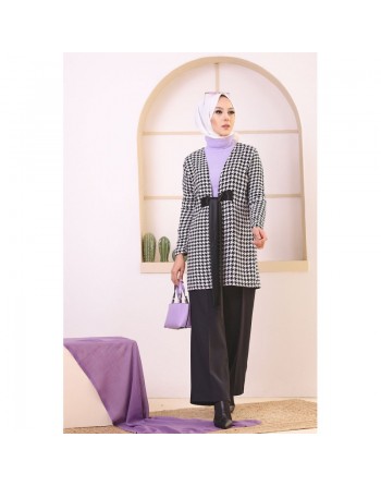 Veste avec ceinture (Vetement Hijab - Boutique en ligne France) - Couleur noir et blanc 