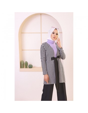 Veste avec ceinture (Vetement Hijab - Boutique en ligne France) - Couleur noir et blanc 