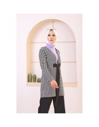 Veste avec ceinture (Vetement Hijab - Boutique en ligne France) - Couleur noir et blanc 
