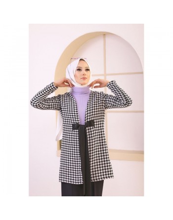 Veste avec ceinture (Vetement Hijab - Boutique en ligne France) - Couleur noir et blanc 
