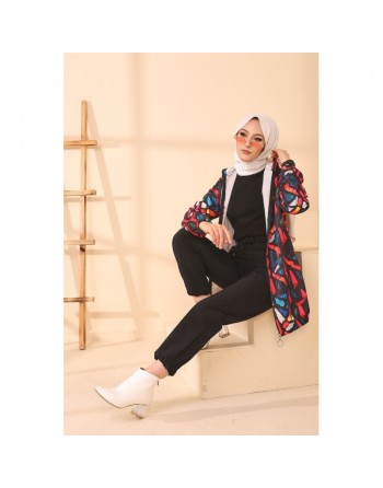 Veste Cardigan avec capuche pour femme (Tenue Hijab Saison Automne Hiver) - Couleur noir avec autres couleurs (rouge, bleu,... 