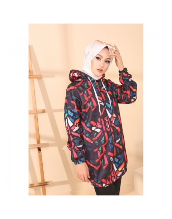 Veste Cardigan avec capuche pour femme (Tenue Hijab Saison Automne Hiver) - Couleur noir avec autres couleurs (rouge, bleu,... 