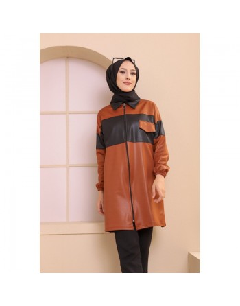Veste zippée en skaï simili-cuir pour femme (Vêtement moderne Hijab) - Couleur brique 