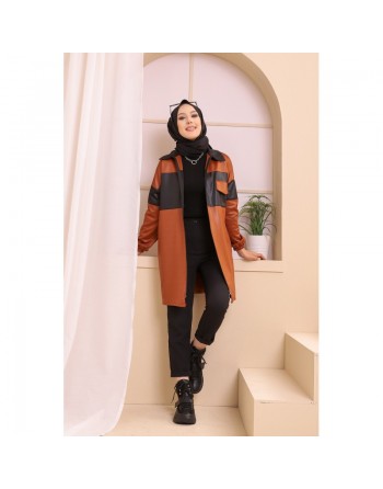 Veste zippée en skaï simili-cuir pour femme (Vêtement moderne Hijab) - Couleur brique 