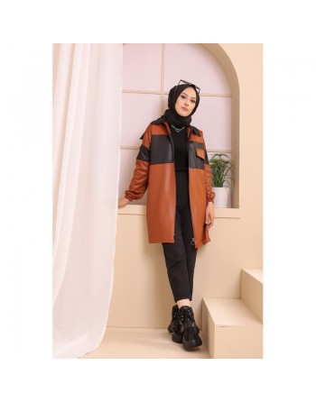 Veste zippée en skaï simili-cuir pour femme (Vêtement moderne Hijab) - Couleur brique 