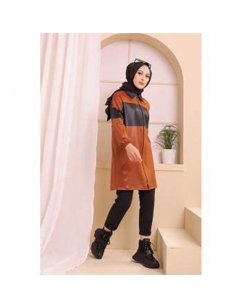 Veste zippée en skaï simili-cuir pour femme (Vêtement moderne Hijab) - Couleur brique 