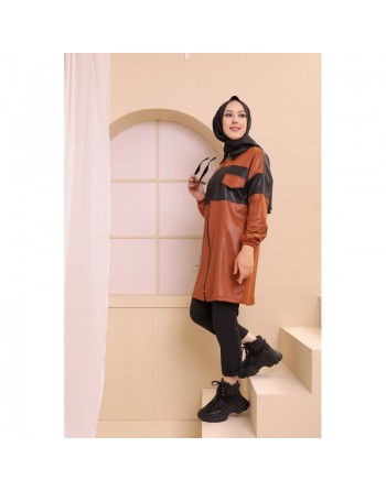 Veste zippée en skaï simili-cuir pour femme (Vêtement moderne Hijab) - Couleur brique 