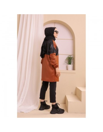 Veste zippée en skaï simili-cuir pour femme (Vêtement moderne Hijab) - Couleur brique 