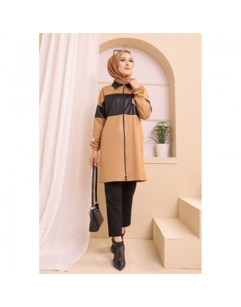 Veste zippée en skaï simili-cuir pour femme (Vetement Hijab Hiver) - Couleur beige 