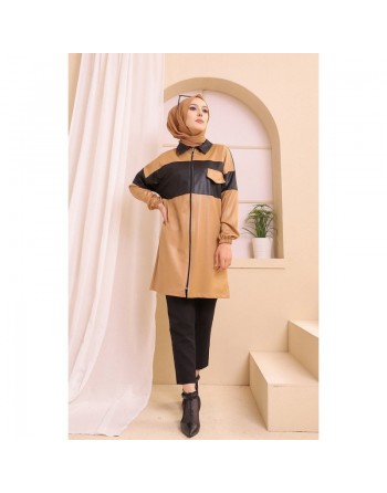 Veste zippée en skaï simili-cuir pour femme (Vetement Hijab Hiver) - Couleur beige 