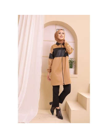 Veste zippée en skaï simili-cuir pour femme (Vetement Hijab Hiver) - Couleur beige 