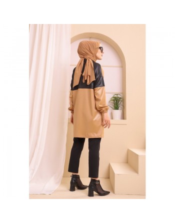Veste zippée en skaï simili-cuir pour femme (Vetement Hijab Hiver) - Couleur beige 