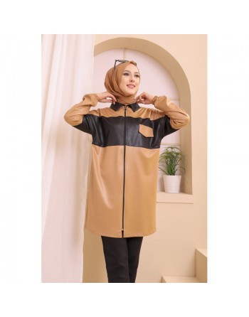 Veste zippée en skaï simili-cuir pour femme (Vetement Hijab Hiver) - Couleur beige 