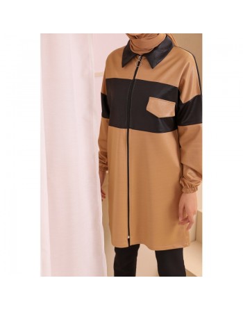 Veste zippée en skaï simili-cuir pour femme (Vetement Hijab Hiver) - Couleur beige 