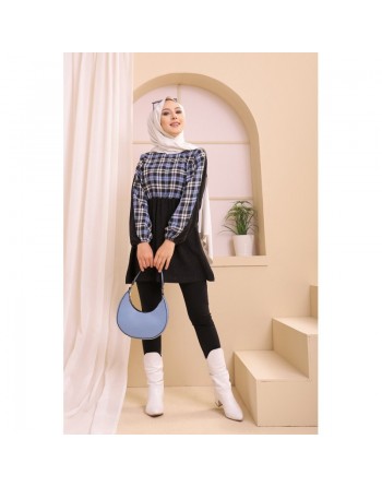 Tunique à carreaux tissu épais (Vêtement pour saison Automne Hiver) - Couleur bleu 