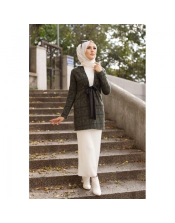 Veste Manteau femme avec ceinture intégrée (Tunique Automne Hiver - Vêtement Hijab Turque en ligne) - Couleur kaki 