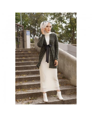 Veste Manteau femme avec ceinture intégrée (Tunique Automne Hiver - Vêtement Hijab Turque en ligne) - Couleur kaki 