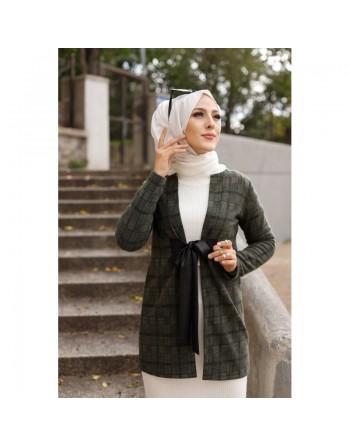 Veste Manteau femme avec ceinture intégrée (Tunique Automne Hiver - Vêtement Hijab Turque en ligne) - Couleur kaki 