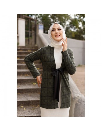 Veste Manteau femme avec ceinture intégrée (Tunique Automne Hiver - Vêtement Hijab Turque en ligne) - Couleur kaki 