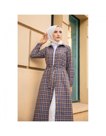 Robe boutonnée longue avec ceinture assortie pour femme (Vetement Mastour pour femme) - Couleur cannelle 