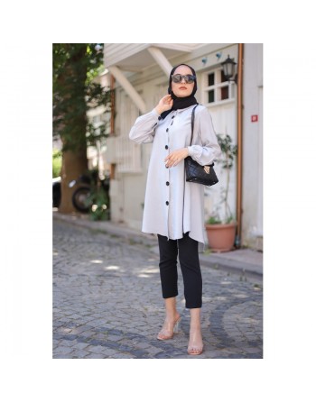 Chemise mi-longue fluide ample légèrement brillante (Chemises femme hijab) - Couleur Gris clair 