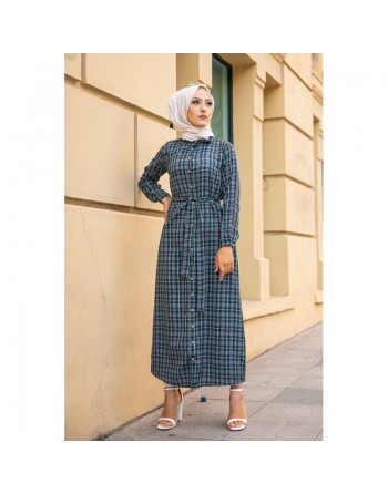 Robe boutonnée écossaise longue avec ceinture assortie pour femme (Vetement Modest Fashion) - Carreaux verts 