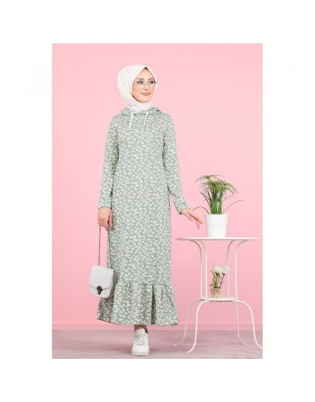 Robe longue à capuche finition volante à motifs feuilles nénuphar (Vetement pour femme voilée) - Couleur vert claire 